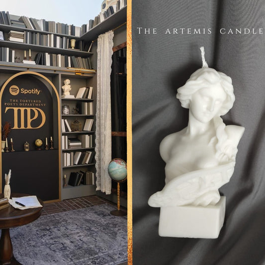 Spotify's The Tourted PoetS Department Grove for Taylort Swift, featuring a sculpture bust of the Greek Goddess Artemis, one of our feature candles